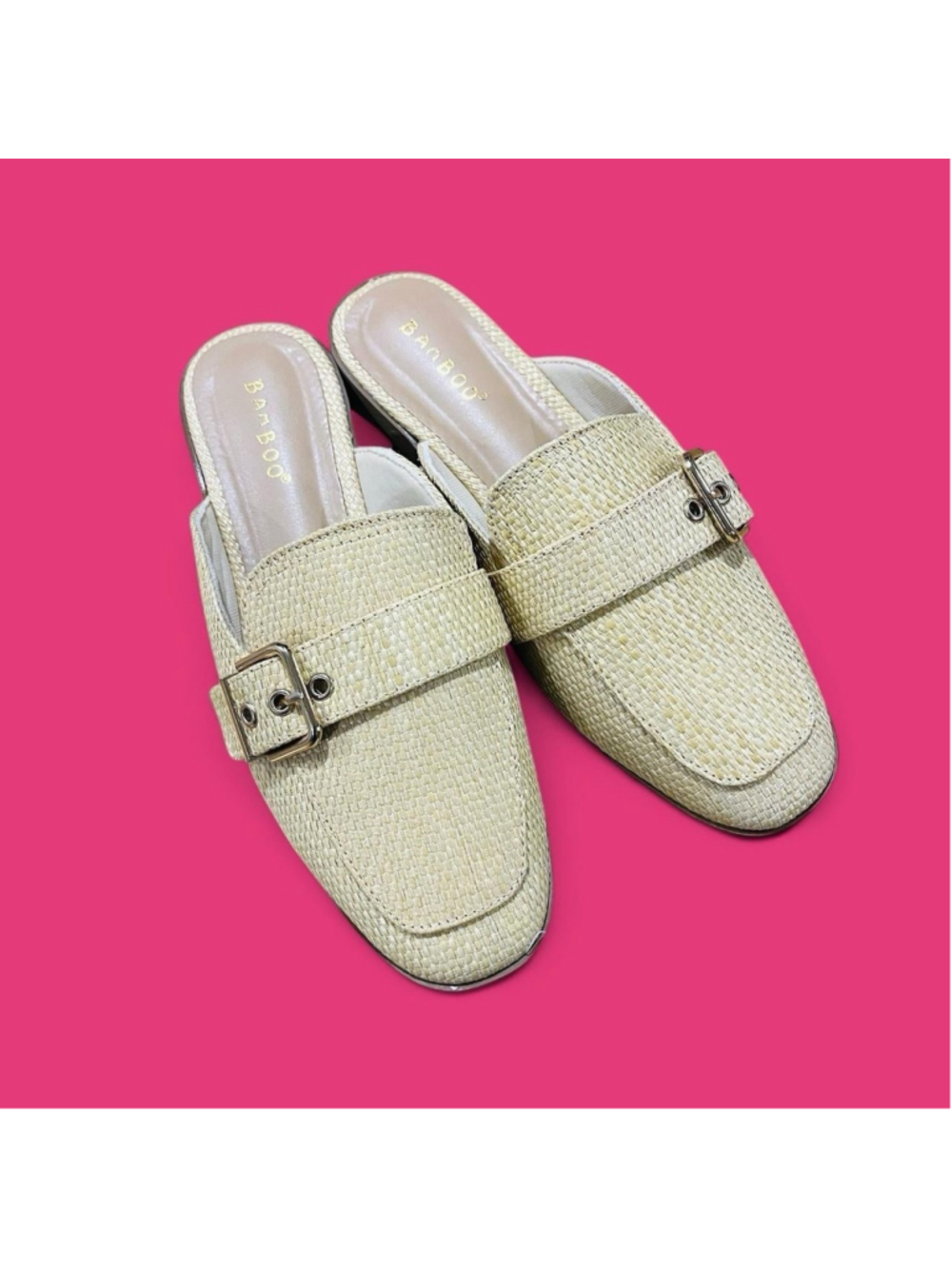 Bamboo Raffia Woven Mule Loafers Women 6.5 Cream Gold Buckle Slip On NEW
